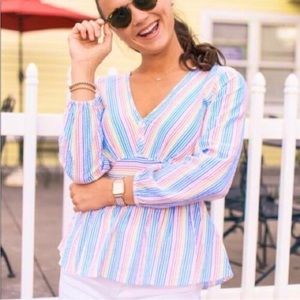 J Crew V-neck Peplum top in Rainbow seersucker Size 10